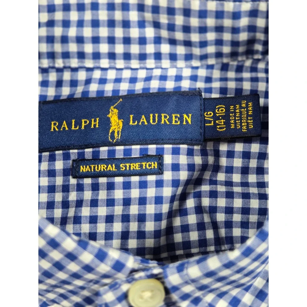 Ralph Lauren Boys Blue White Gingham Button Down Shirt Natural Stretch L 14-16